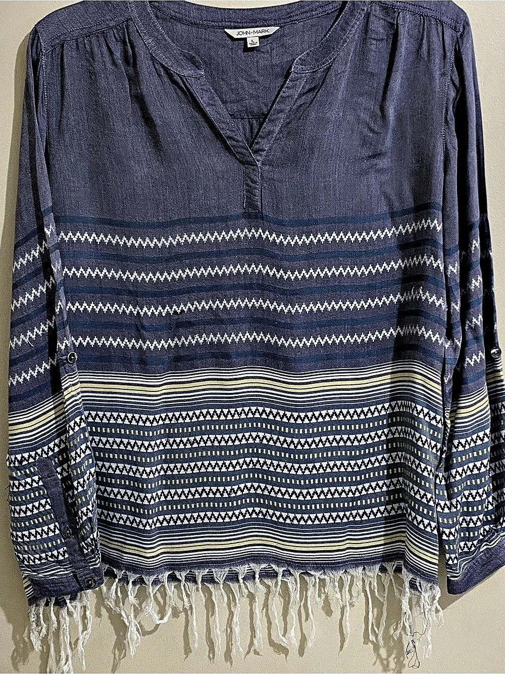 JOHN•MARK Geometric Fringed Tunic in Blue & White Size Medium